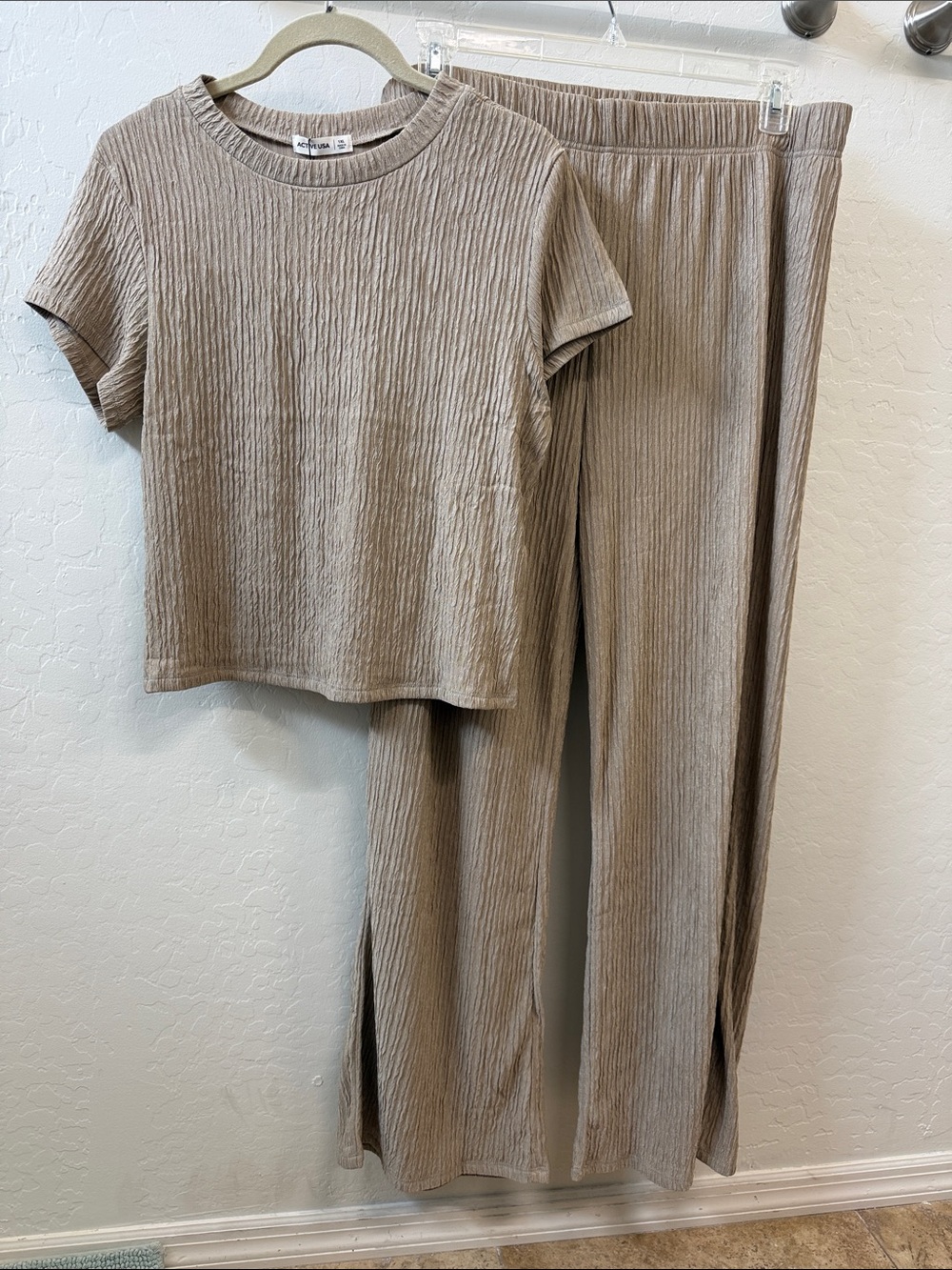 Active USA Taupe Ribbed Wide Leg Pants & Short Sleeve Top Set